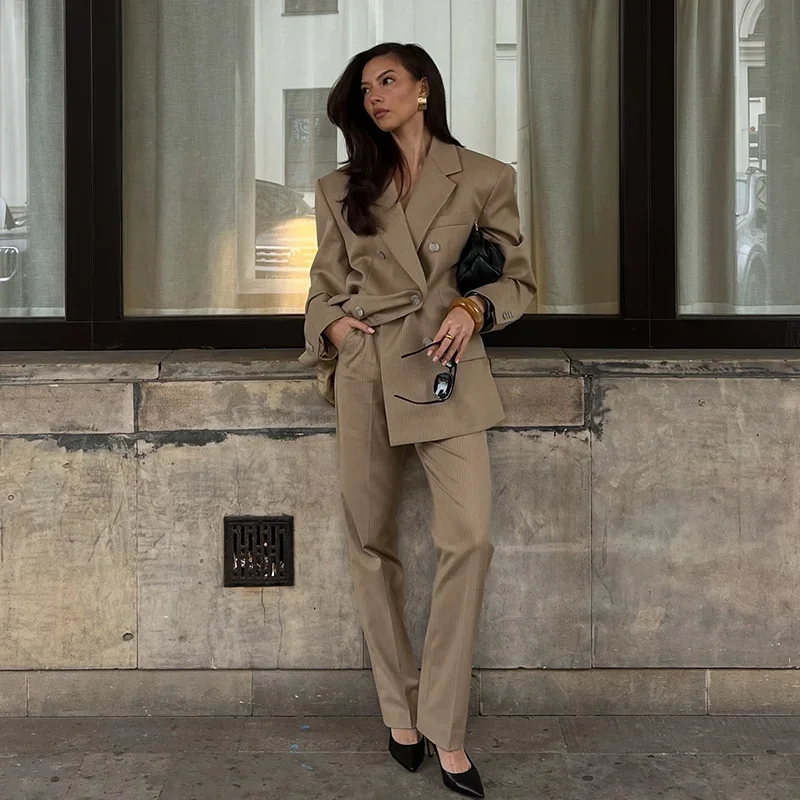 Striped Pant 2 Piece Set Women Double-breasted Full Sleeve Blazer Wide Leg Zipper Long Trousers Female 2025 Lady Commute Outfits