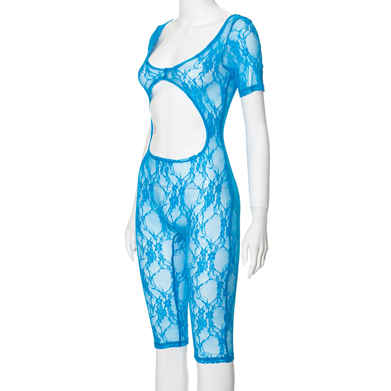 Women Clothing Spring Sexy Lace Stitching U Collar Short Sleeve Cropped Hollow Out Cutout Siamese Shorts