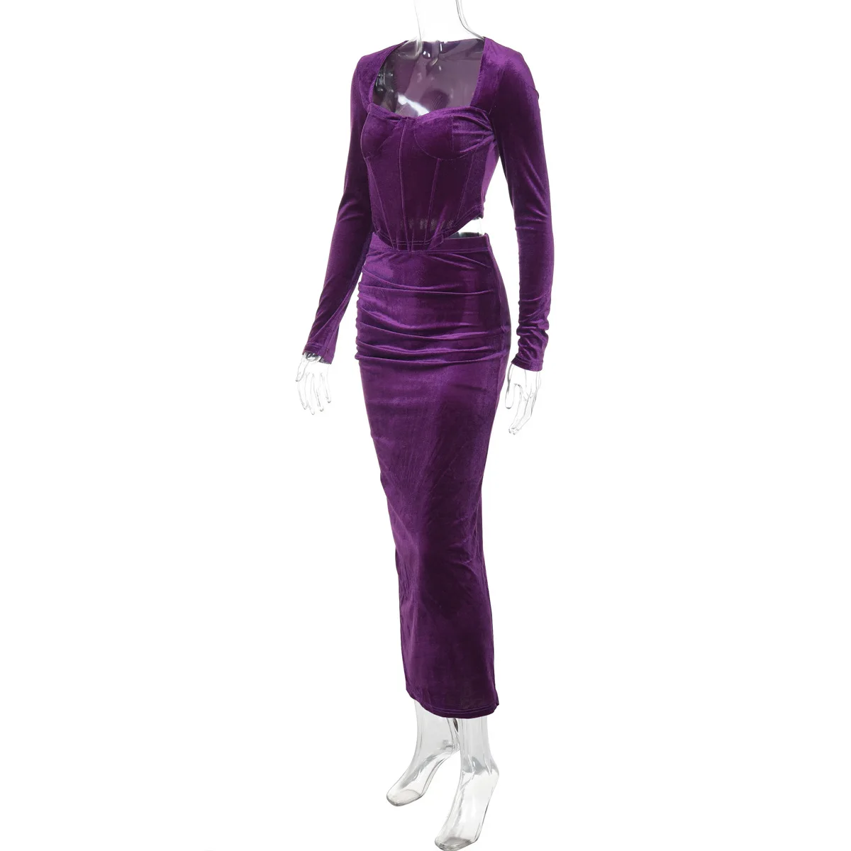 Autumn Scoop Neck 2 Piece-Set Maxi Skirt For Women Patchwork Long Sleeve Slim Luxury Party Looks Female Skinny Outfits New