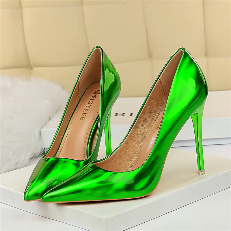 Women 10.5cm High Heels Blue Green Valentine Pumps Luxury Glossy Stripper Stiletto Wedding Bridal Fetish Shoes Plus Size 43