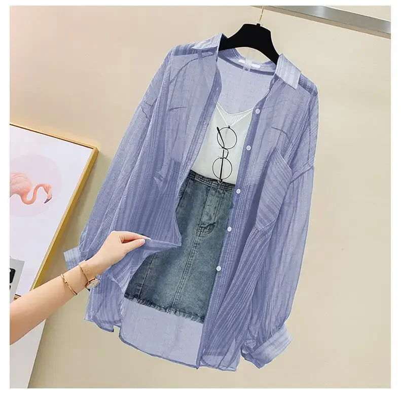 Women Elegant Long Sleeve Perspective Sheer Sunscreen Chiffon Blouse Korean Fashion Loose Shirt Women Summer Beach Cardigans