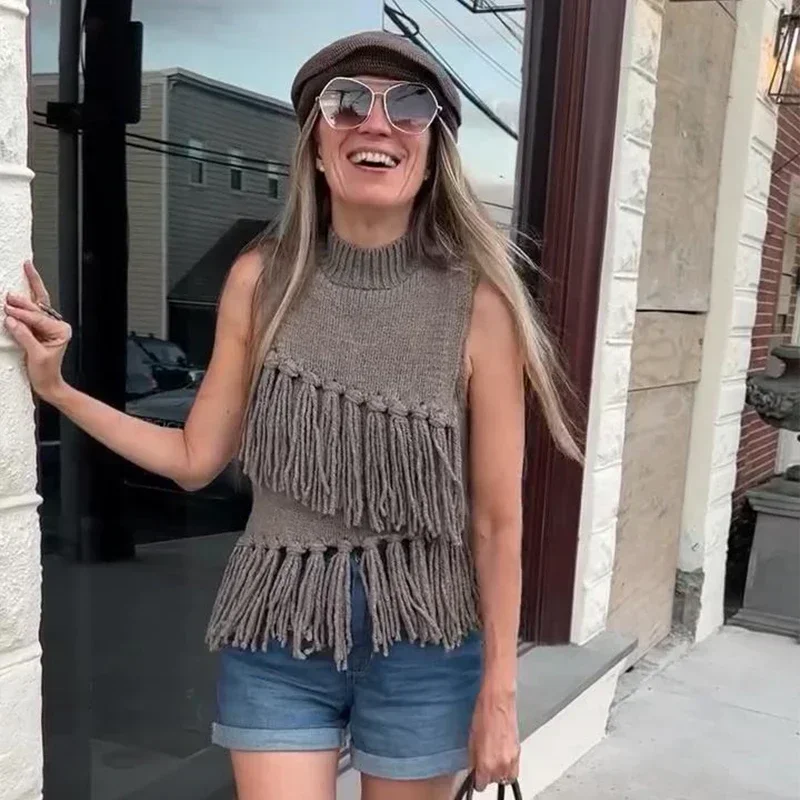 Street Tassel Knitted Vest Sweater For Women Half-high Collar Sleeveless Slim Fit Tank Top Female 2025 Spring Lady Soft Outwear