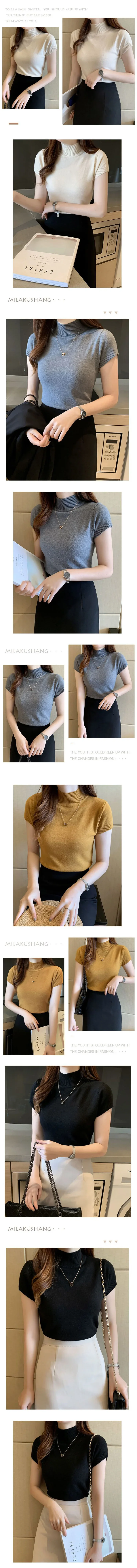 Womens Tops And Blouses Summer Short Sleeve Blouse Women Blusas Mujer De Moda Turtleneck Knitted Blouse Shirt Tops