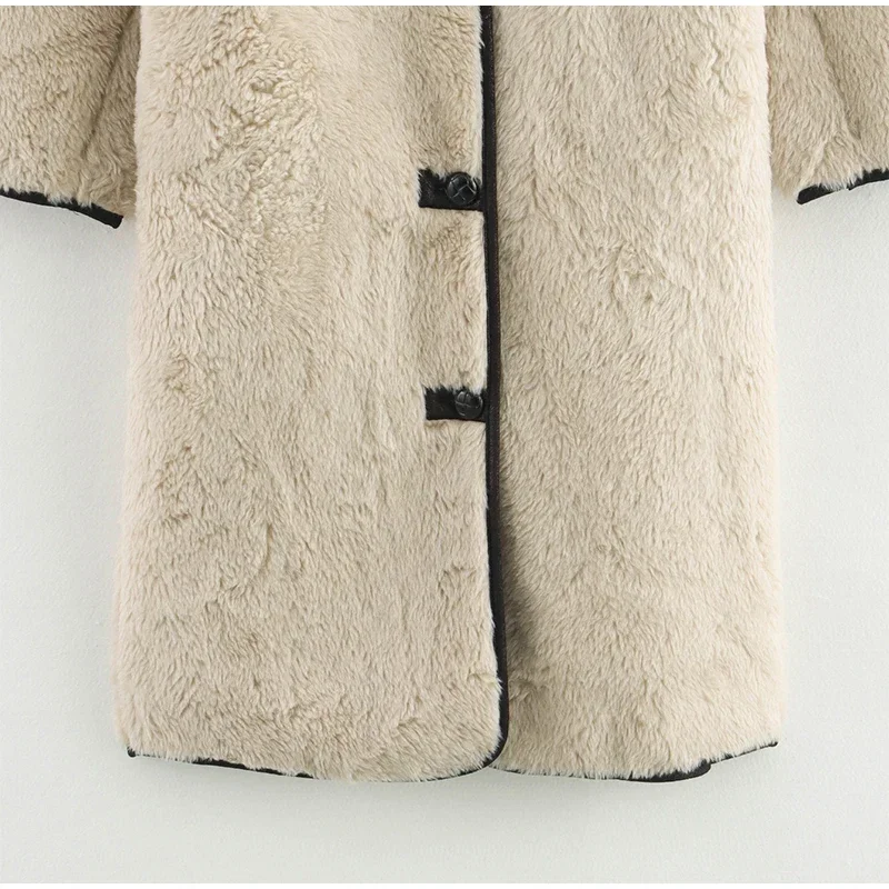 Fashion Beige Faux Fur Long Coat Women Winter Buttons Lapel Long Sleeve Lamb Fleece Jacket 2025 New Lady Loose Street Outerwear