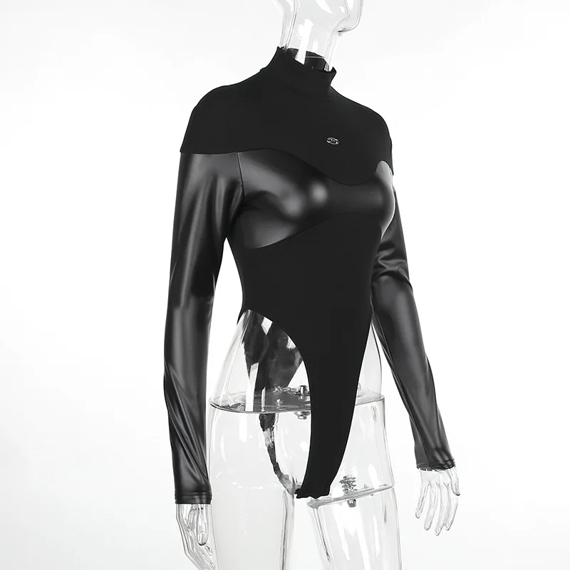 Long Sleeve Bodycon Lenceria Femenina Turtleneck Lingerie Sexy Body Feminino Black Tops Women PU Patchwork One-Pieces Bodysuit