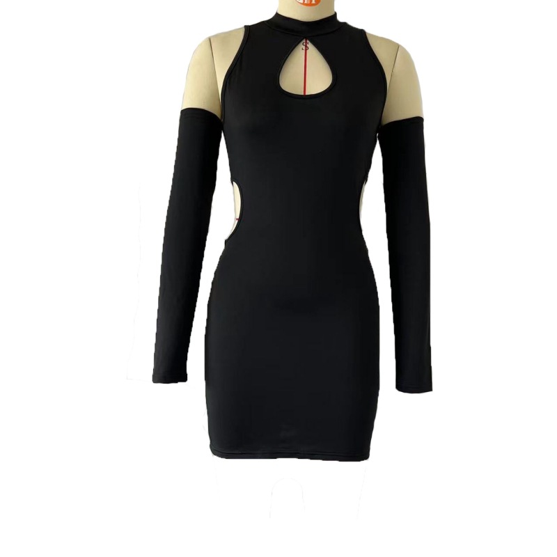 Autumn Winter Solid Color Sexy Cutout off Shoulder Halter Skinny Sheath Dress for Women