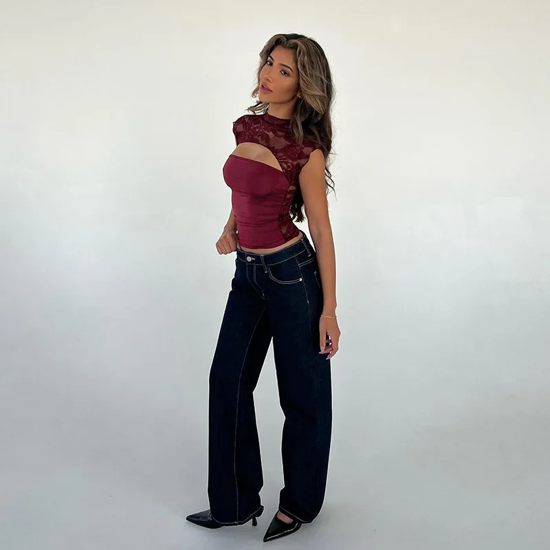 Sexy Hollow Out Printed Y2k Top Pullover For Women See-Through Slim Cropped Patchwork Contrast Streetwear Female Tank Top