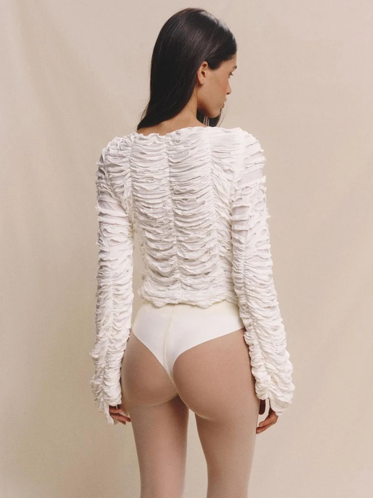 Autumn Fashion Ruffled T-shirt Cropped Top Female Hollow Out Lace-Up Patchwork Loose Outwear White Women Bandage Tee Coat