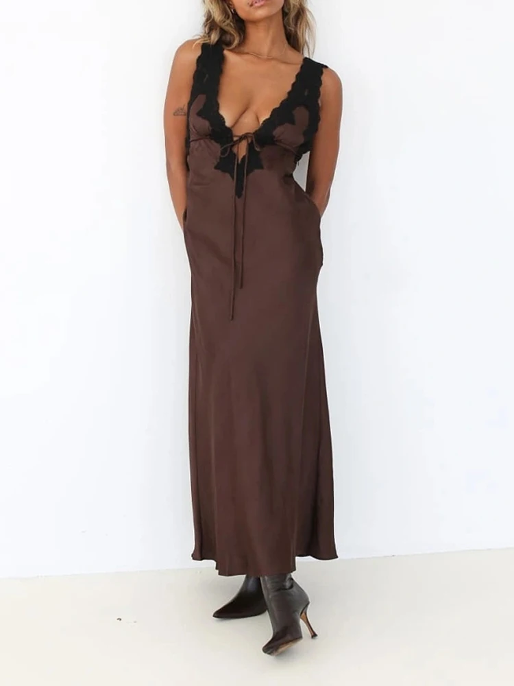 Sexy Lace Camisole Open Back Dress For Women Satin Lace Up Bodycon Long Dress Female Elegant Party Club Evening Dress