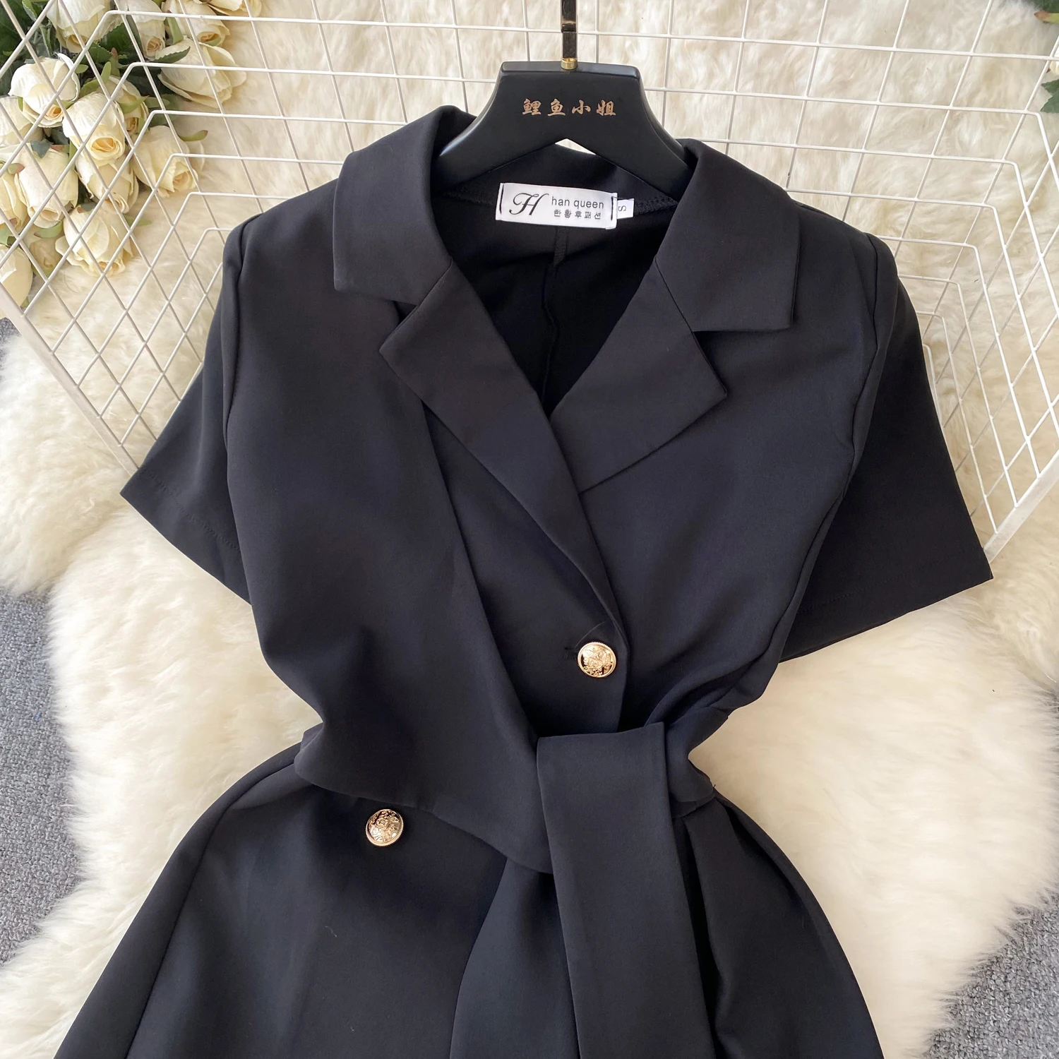 Retro Black Blazer Dress Women Lapel Short Sleeved Short Dresses Summer Casual Short Sleeve Slim Bandage Dress Vestidos