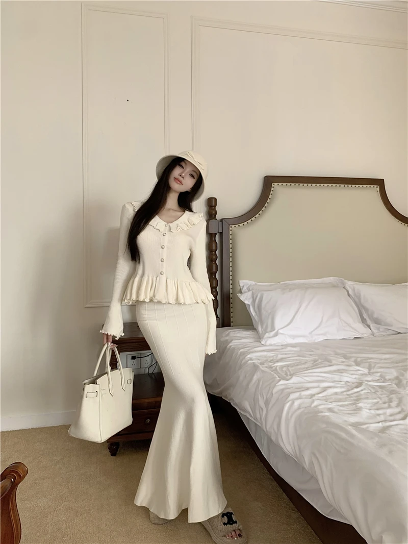 Autumn Winter Knitted 2-Piece Sets Women Ruffles Tops Bodycon Fishtail Skirt Slim Solid Knitwear Outfits Korean Fashion Suit