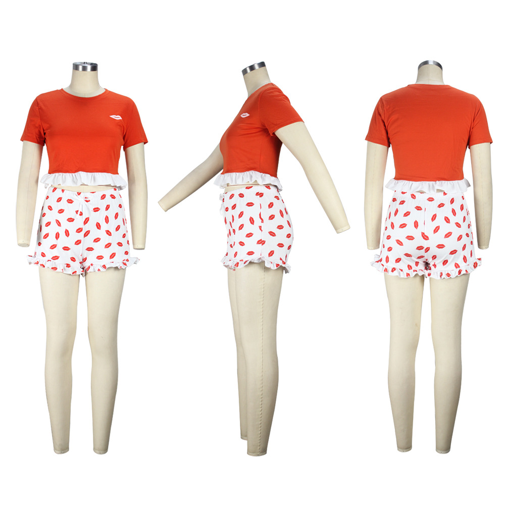 Women Clothing Summer Lace Color Matching Short-Sleeved T-shirt Women Lip Printings Slim Two-Piece Set Romper