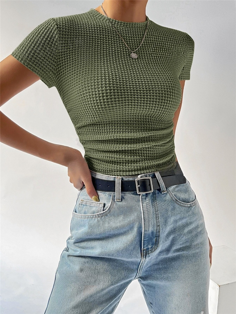 Spring Summer Slim Fit Pleating round Neck Knitted Short Sleeve T shirt