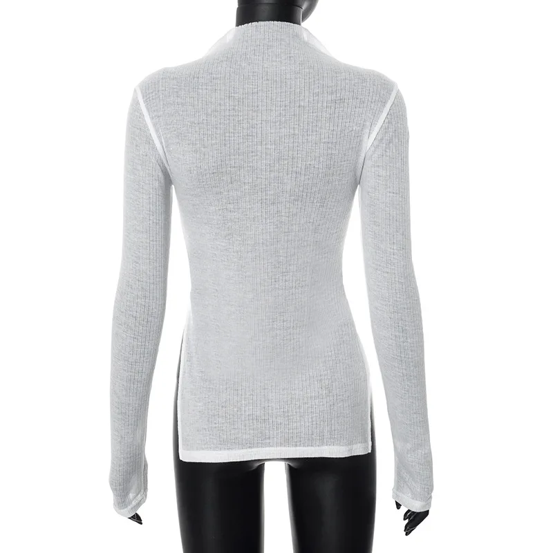 White Knitwear See-Through T-shirt Pullover Female Hollow Out Slim Loose Long Sleeve Casual Tee Women Patchwork Top Tee