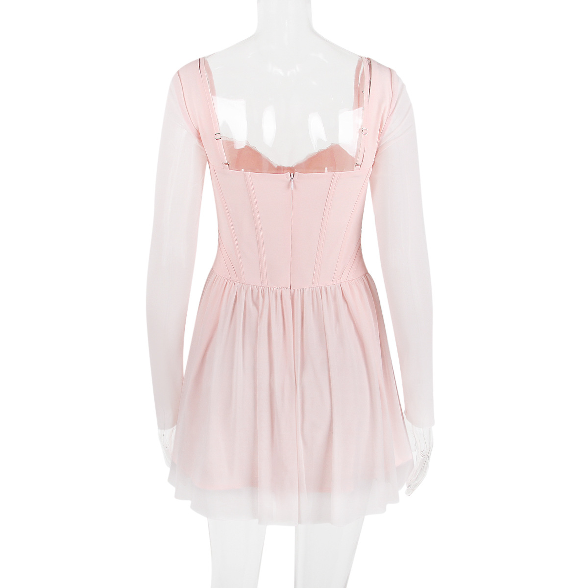 Women Clothing Mesh Long Sleeve Lace Stitching Boning Corset French Dress Barbie Cos Pink
