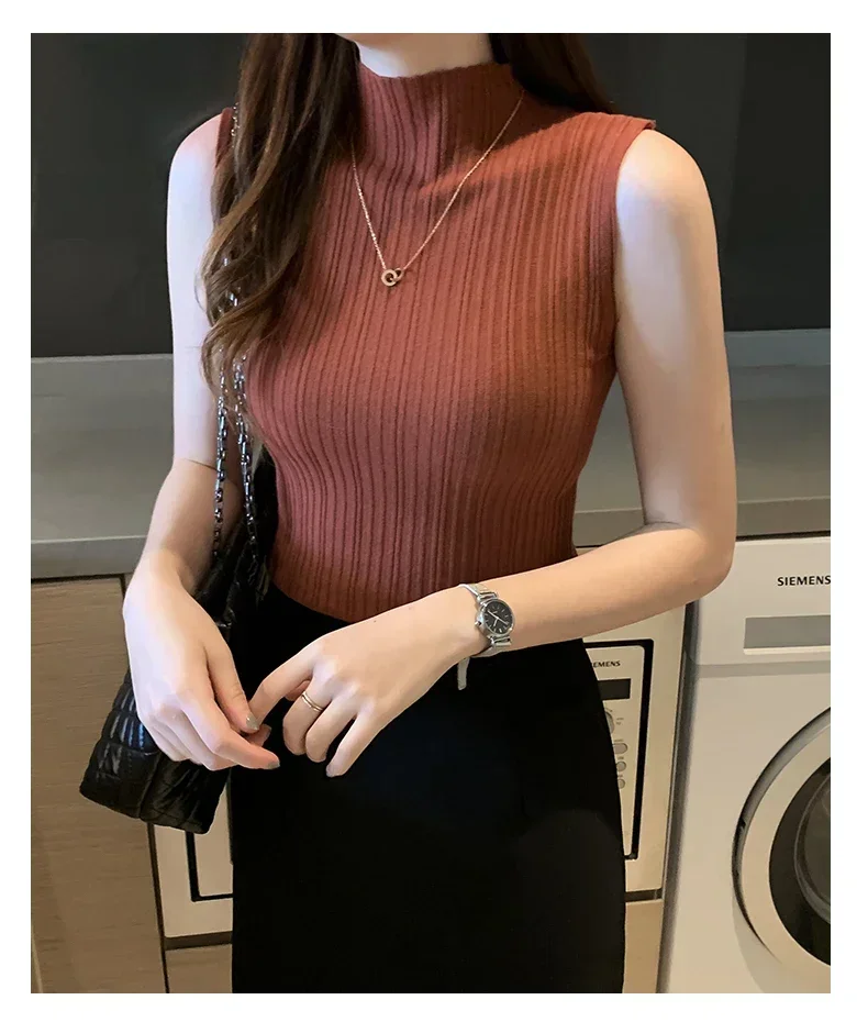 Women Knitted Slim Tank Top Solid Sleeveless Sexy O-Neck Crop Top Casual T-shirt Cotton Off Shoulder Crop Tank Top Summer