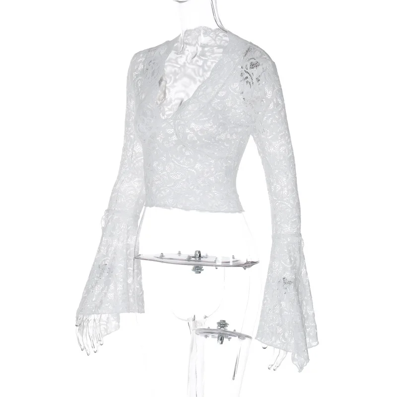 Lace See-Through Sexy Y2k Top T-shirt Women V-Neck Patchwork Hollow Out Fashion Cropped Top Night Club Clothes Crop top