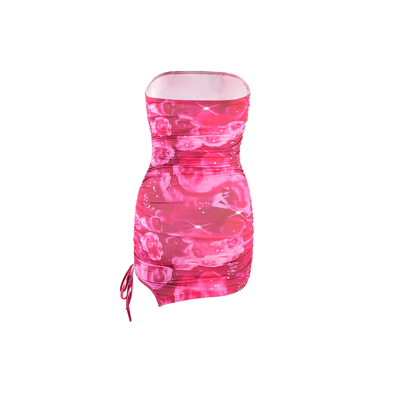 Summer Sexy Women Tube Top Printed Slim Hip Bag Split Short Dress