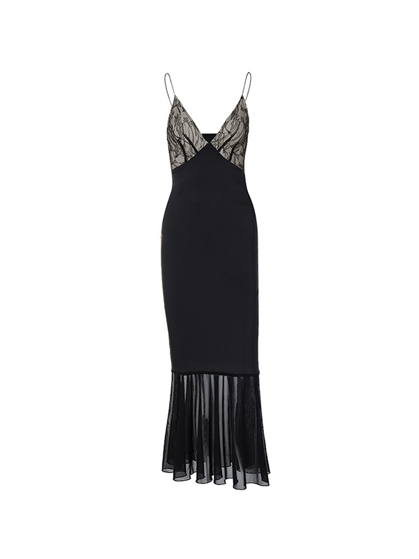 Splice Lace Mesh Hem Maxi Dress