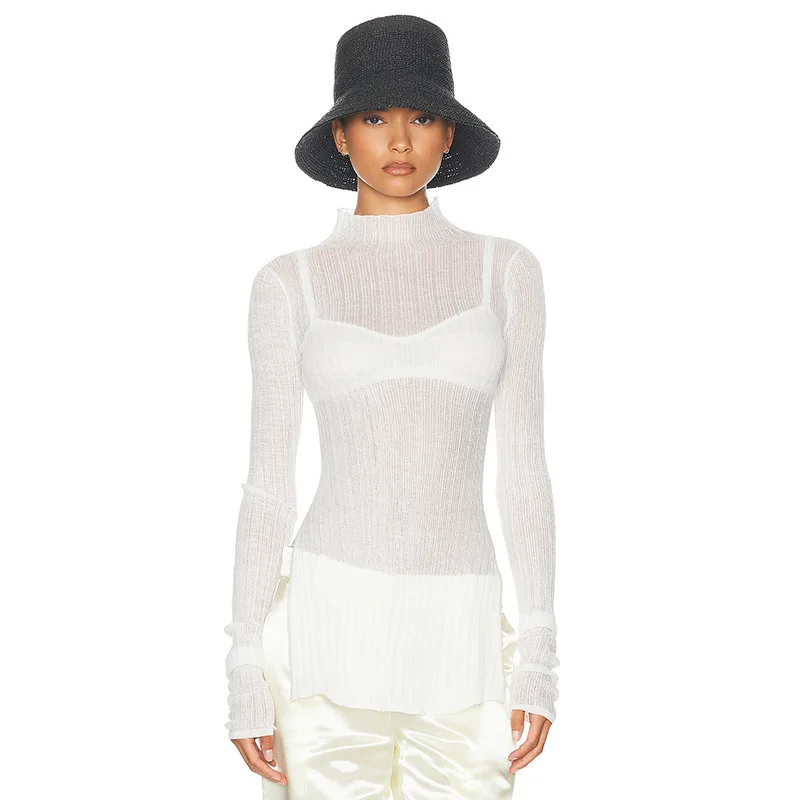 White Knitwear See-Through T-shirt Pullover Female Hollow Out Slim Loose Long Sleeve Casual Tee Women Patchwork Top Tee