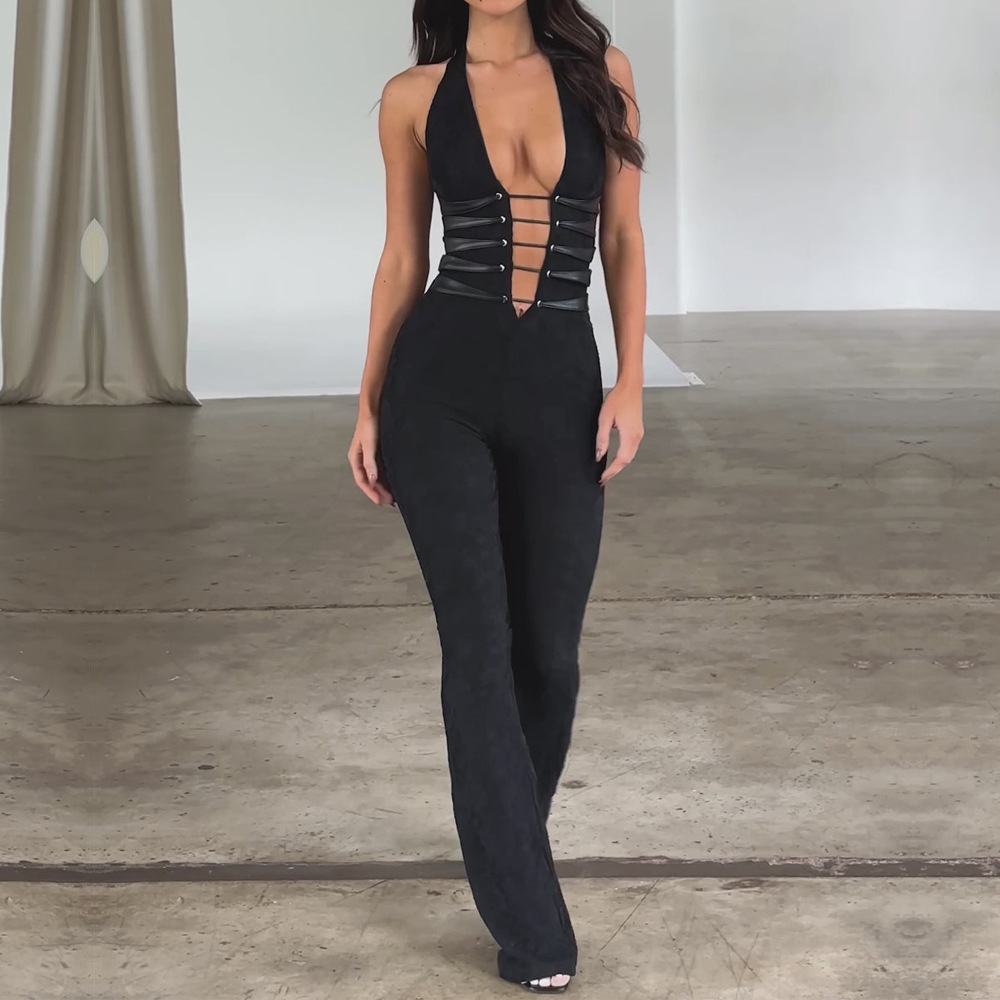 Sexy Lash Rope Lace up Slim Fit Jumpsuit See through Lace Trousers