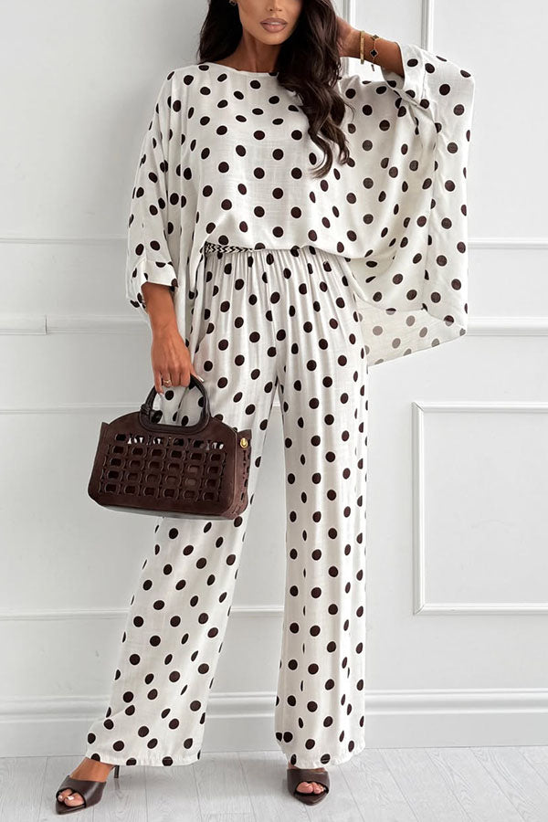 Verne Linen Blend Polka Dot Batwing Sleeve Top and Elastic Waist Pocket Loose Pants Set