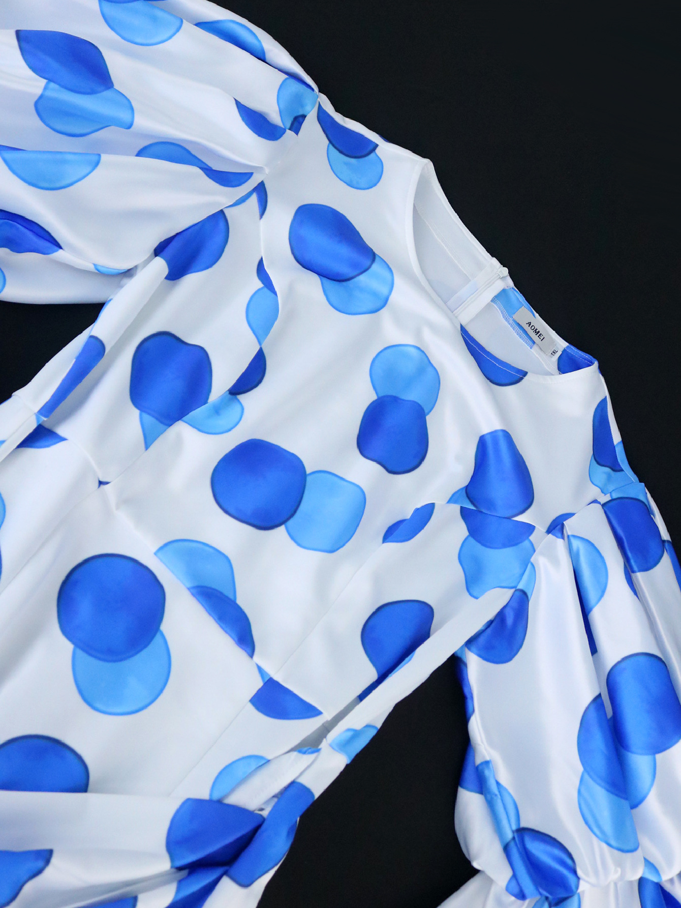 Casual Round Neck Flared Sleeves Dress Polka Dot Ribbon Pleated Hip Dresses