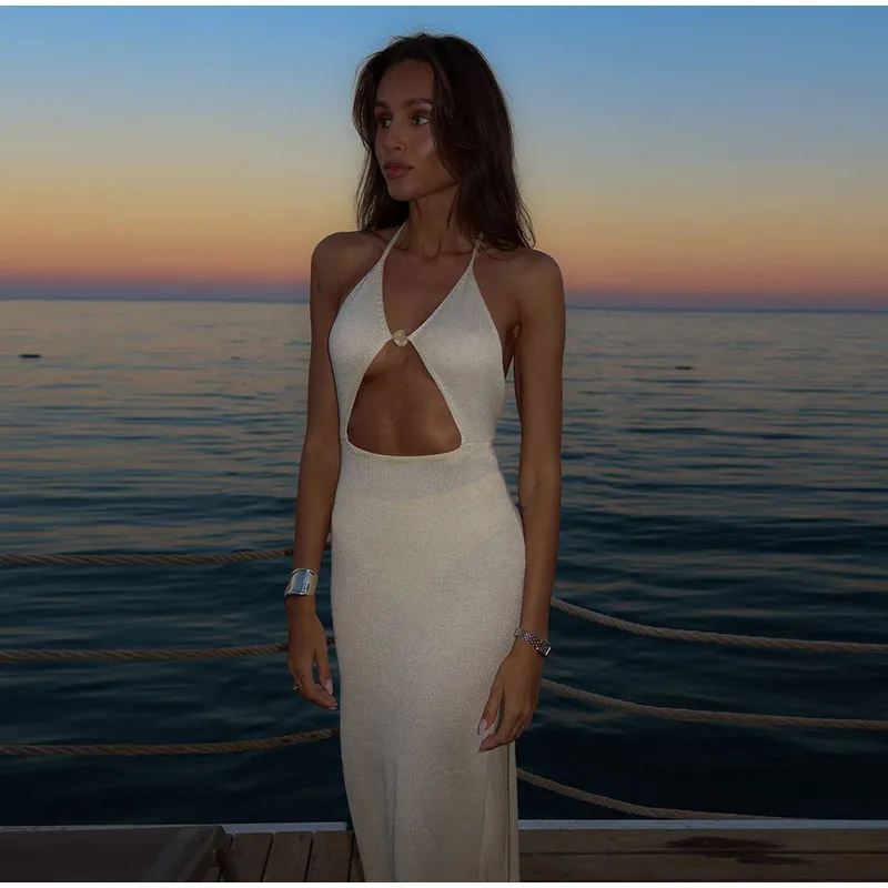 Women Knit Halter Maxi Dress Backless Lace Up V Neck Cutout Bodycon Long Dresses 2025 Summer Vacation Party Holiday Robes New