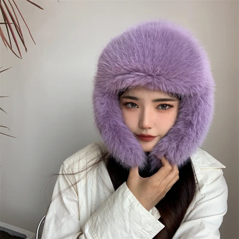 Winter Women Fluffy Furry Faux Fox Fur Bomber Hats Flaps Luxury Vintage Y2k Girls Warm Earflap Snow Ski Hat Caps Russian