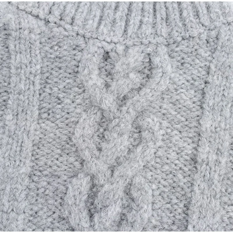Vintage Beading Twist Pullover Women Knit Gray Long Sleeve High Collar Sweater Lady 2025 High Street Lady All-matching Knitwear