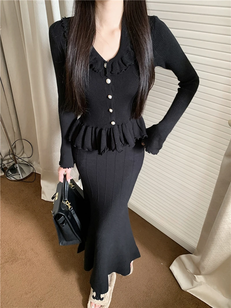 Autumn Winter Knitted 2-Piece Sets Women Ruffles Tops Bodycon Fishtail Skirt Slim Solid Knitwear Outfits Korean Fashion Suit