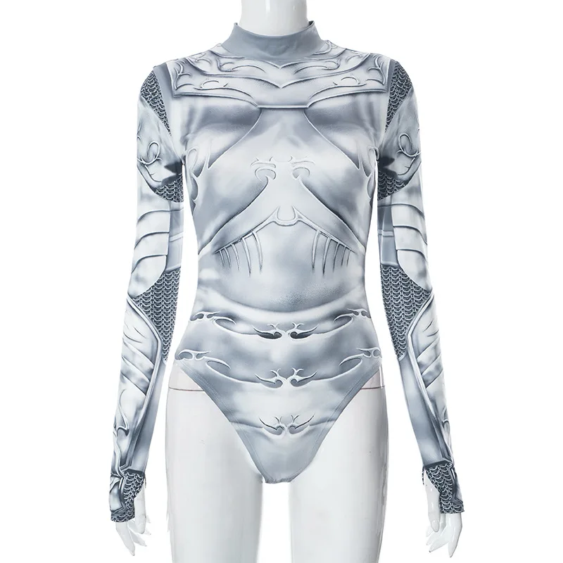 Printed Skinny Sexy Bodysuit Lingerie Gray One-pieces Bustier Long Sleeve Corset Top Streetwear Fashion Trends Women Clothing