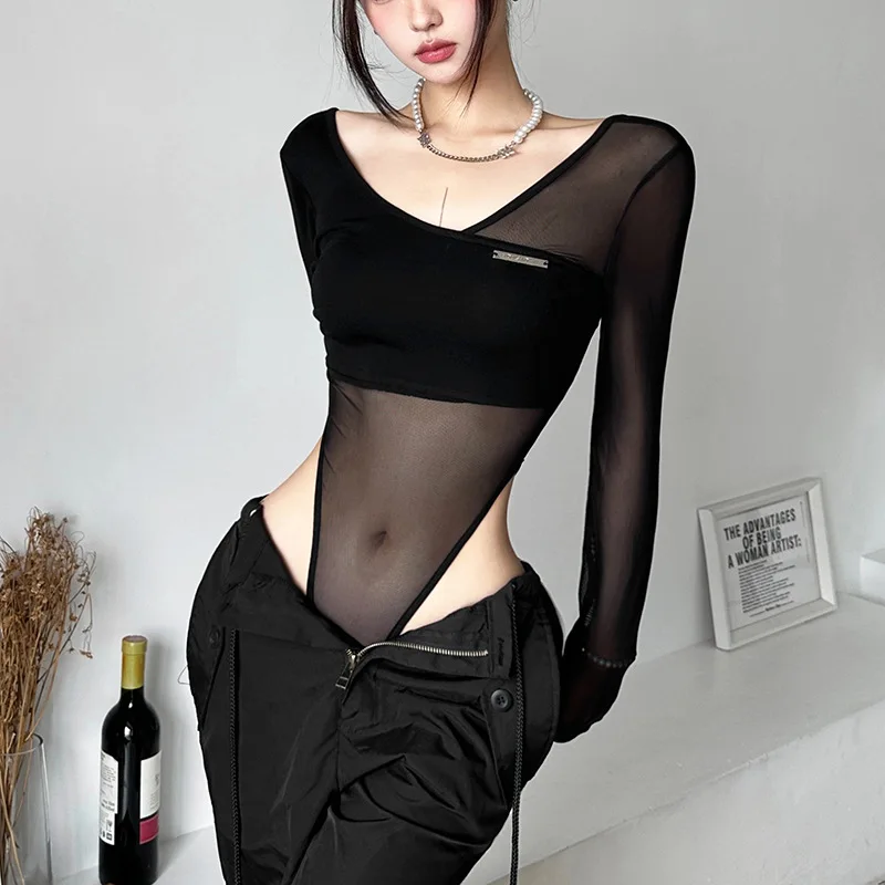 Black See Through Bodysuit Lingerie Sexy Long Sleeve Lenceria Femenina V-Neck One-Pieces Body Feminino Backless Tops For Women