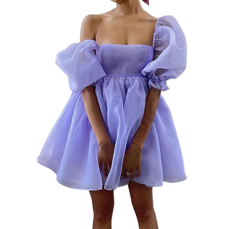 Puffy Dresses for Women y2k Aesthetic Solid Color Square Neck Bubble Sleeve Dress Sweet 2000s Party Dresses Streetwear
