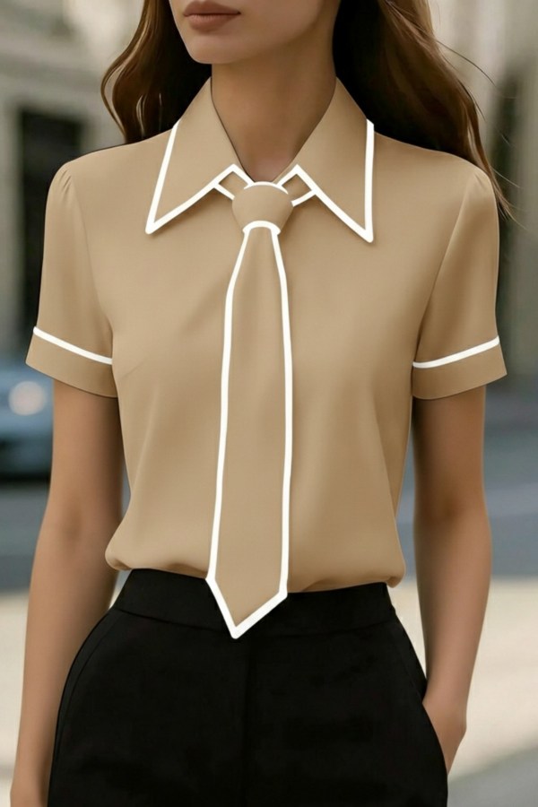 Stylish Color-blocked Trim Collared Short-sleeved Casual Shirt