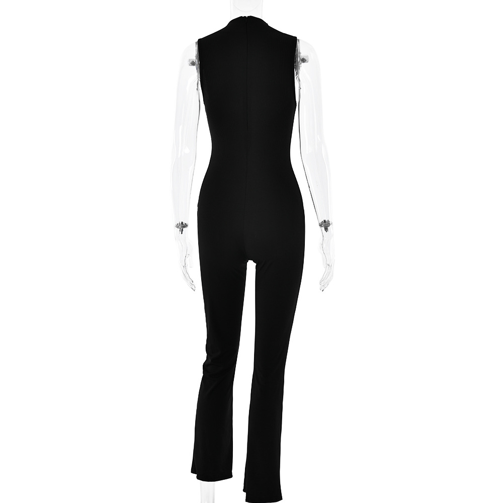 Women Jumpsuit Round Neck Sleeveless Solid Color Bell Bottom Pants Tights Sexy Sexy Sports