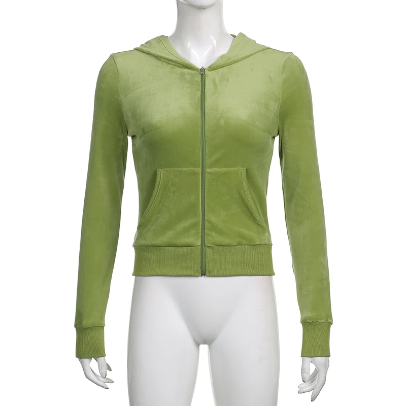 Casual Velvet Crop Top Winter Jacket Women Green Pink Zip Up Hoodies Coats Ladies Fashion Skinny Overcoat Streetwear