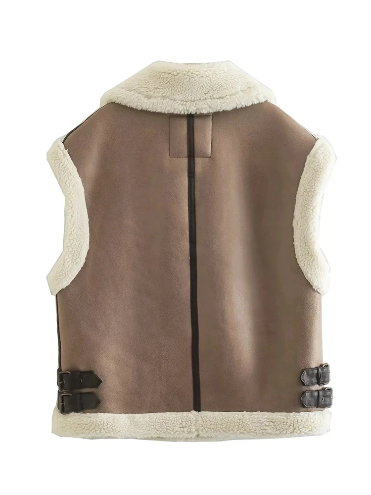Suede Leather Thick Fleece Jacket Autumn Winter Women Splice Sleeveless Faux Shearling Jackets Vest Y2K Cardigans Coats