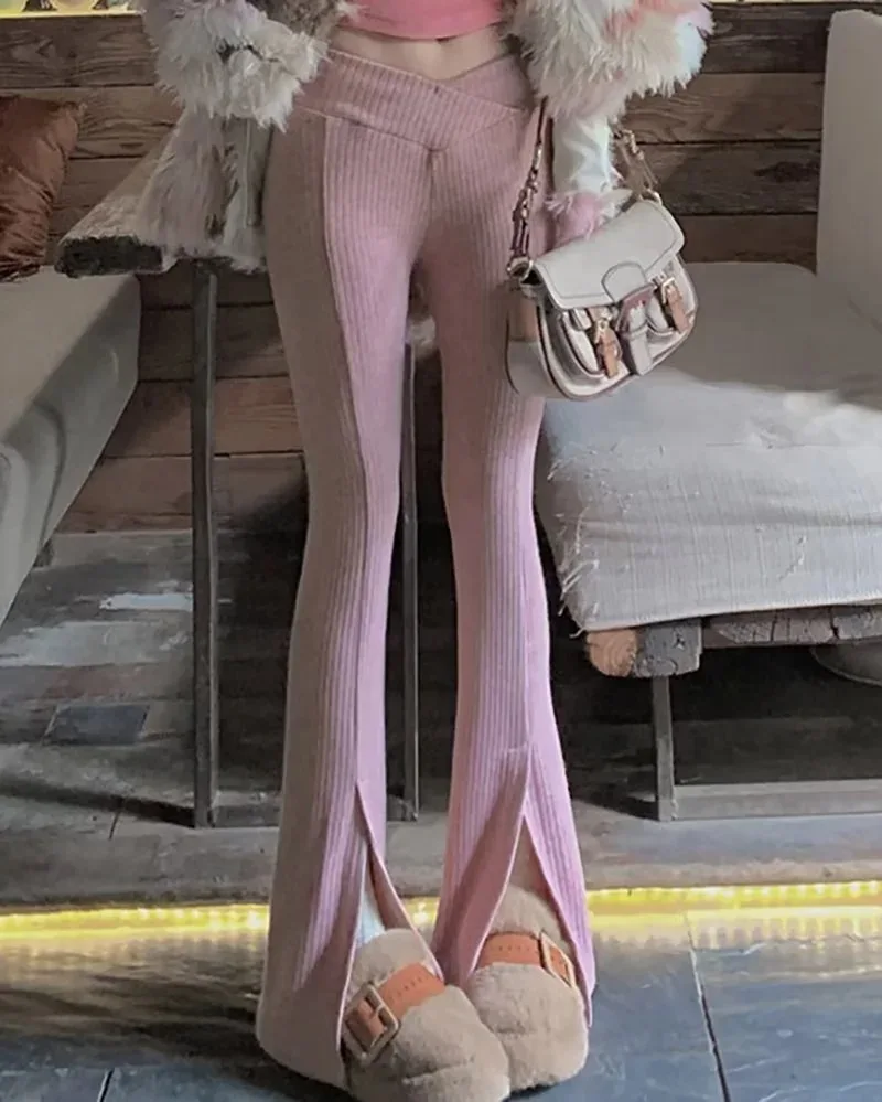Knit Skinny Flared Trousers Split Out Trousers For Women Cross Low Waist White Casual Streetwear Flared Pants 2025 New