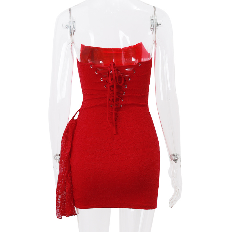 Fall Women Clothing Sexy Lace Boning Corset off Shoulder Tube Top Slightly Transparent Slim Fit Dress Women