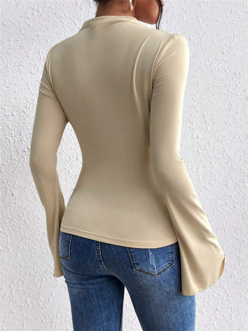 Autumn Winter Pleating Bell Sleeve Stand up Collar Slim Fit T shirt