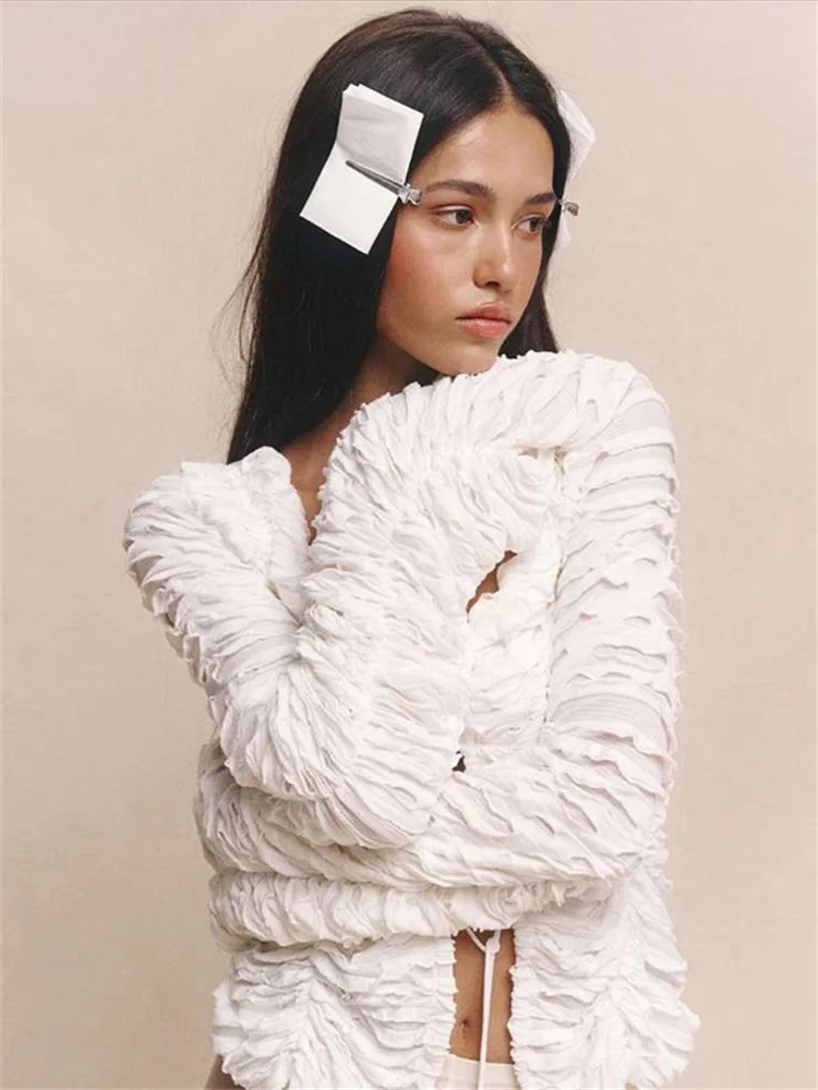 Autumn Fashion Ruffled T-shirt Cropped Top Female Hollow Out Lace-Up Patchwork Loose Outwear White Women Bandage Tee Coat