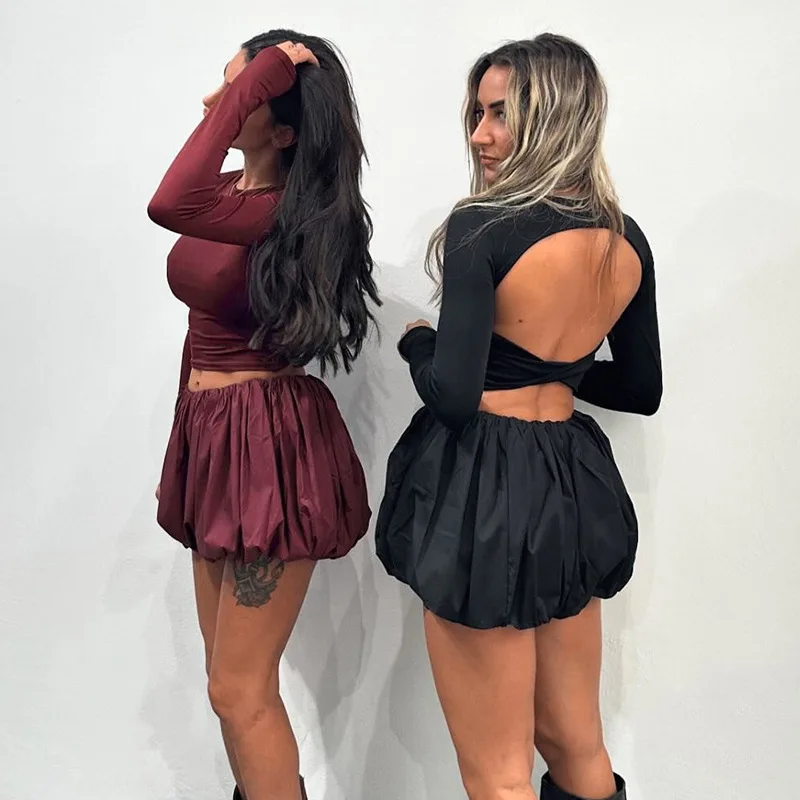 Woman Skirt Two Pieces Set Tight Backless Twist Crop Top High Waist Bud Skirt Elegant Suit Solid Lady Autumn Fashion New