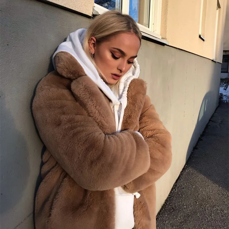 Luxury Winter Long Overcoats Women Oversized Lapel Belted Faux Rabbit Fur Coat Jacket Female Plus Size Outerwear Plush Fur Coats