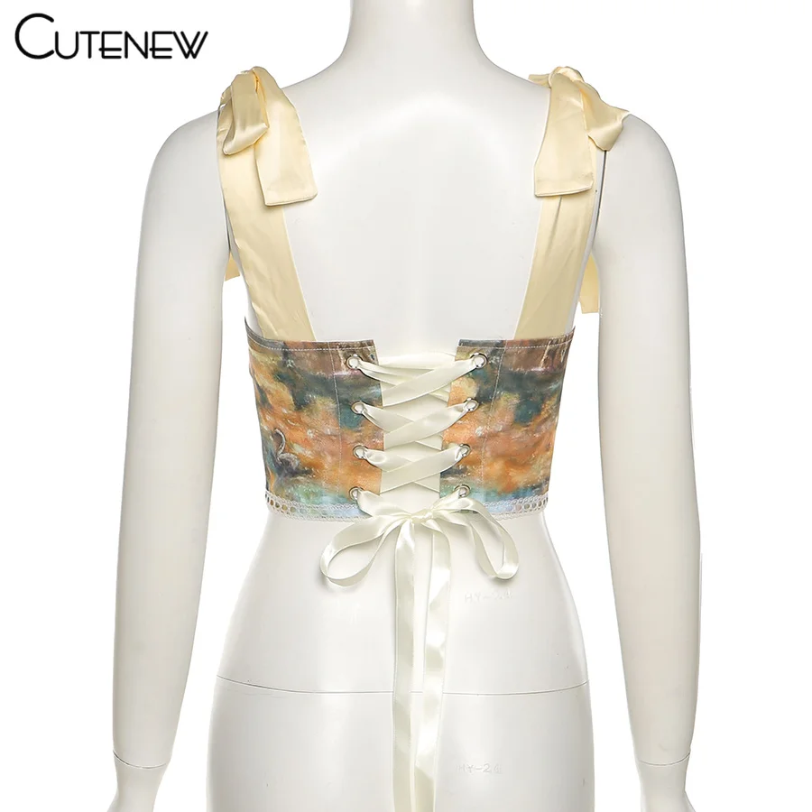 Y2K Vintage Aesthetic Printing Crop Tops Women's Clothes Summer Sexy Bandage Tank Top Skinny Clubwear Camisole Hot Deals
