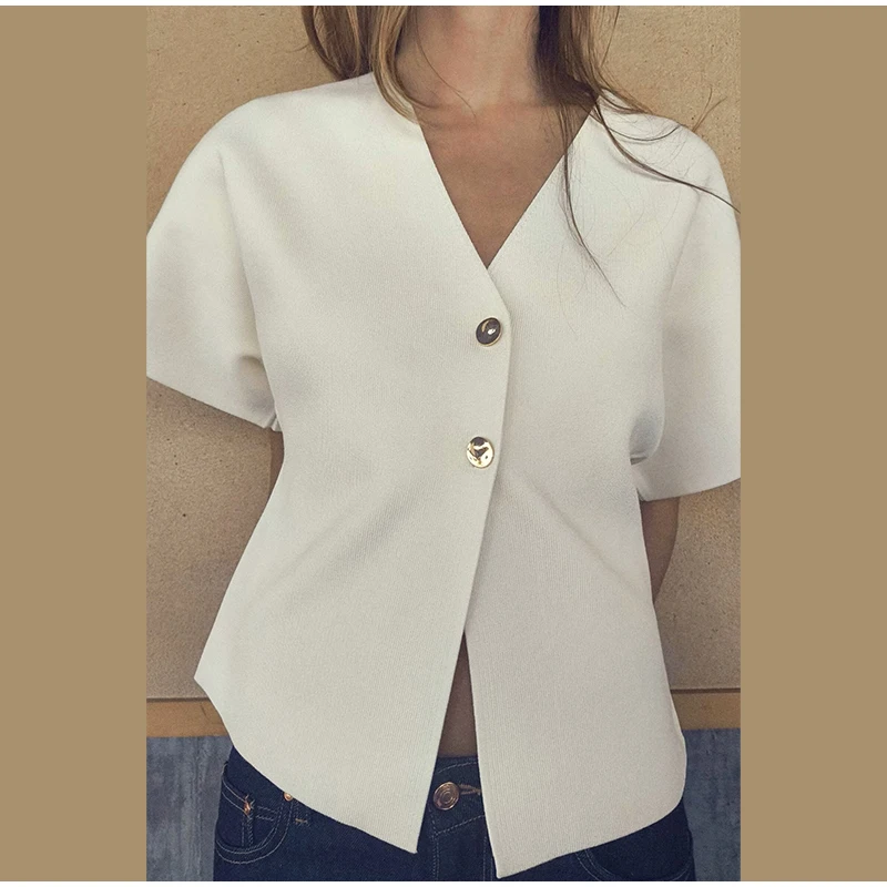 Fashion Knitted Vest Top for Women Short Sleeve V-neck Buttons Loose White Waistcoat Cardigan Female Autumn New in Outwears