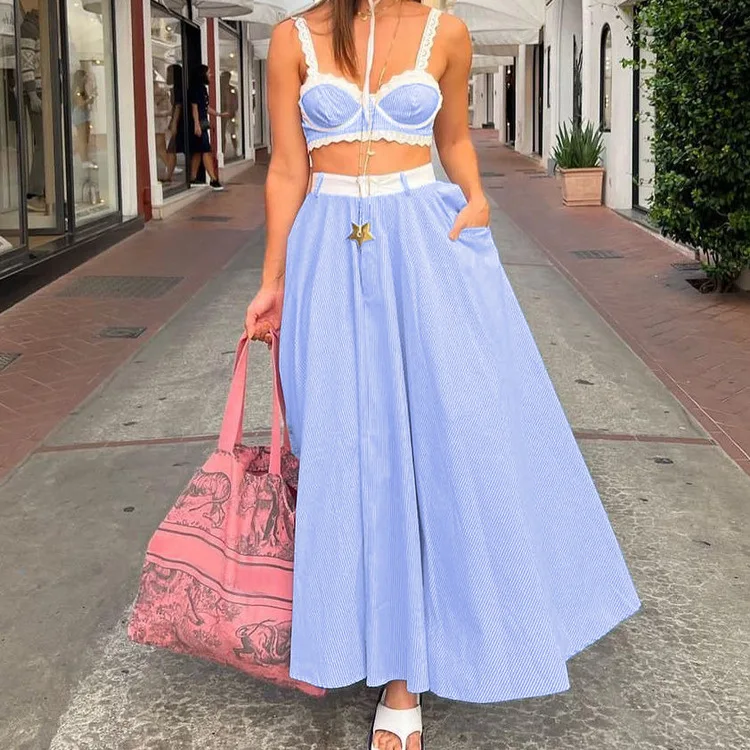 Lace Patchwork 2 Piece-Set Long Skirt For Women Contrast Slim Backless Cropped Tank Top And High Waist Maxi Skirt Outfits