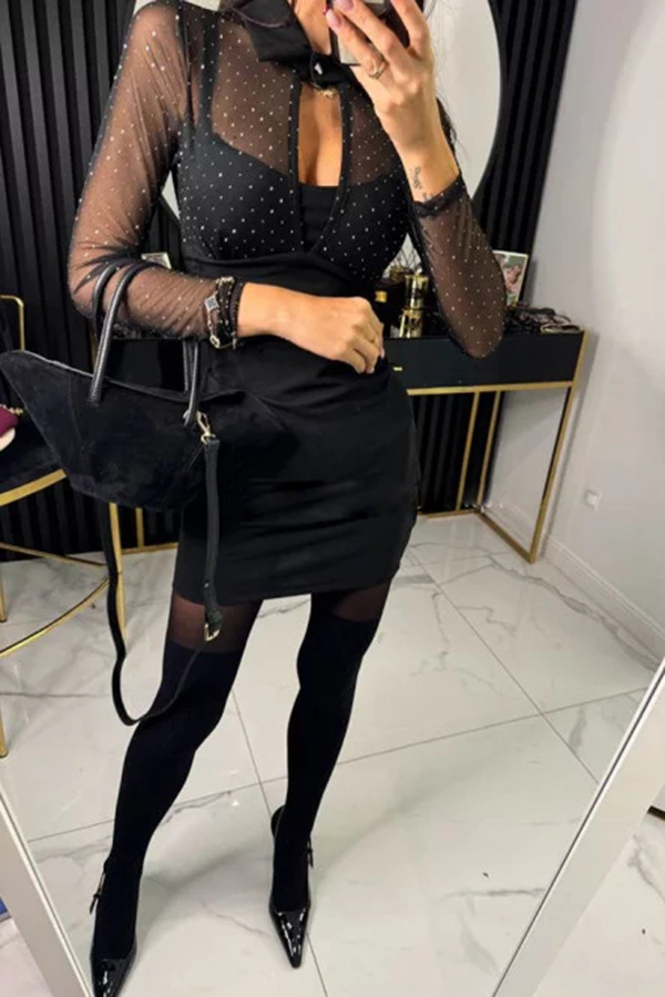 Spring Autumn Faux Two Piece Hip Bag Dress Casual Party Drilling Dress Women