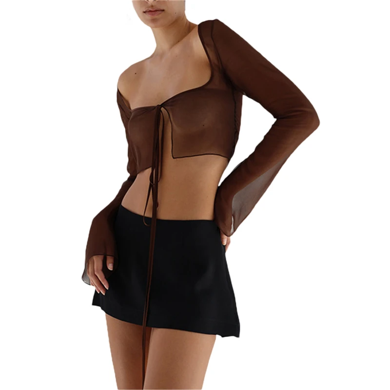 Vintage Aesthetic Crop Top Summer Women Mesh Long Sleeve T Shirt Lace Up Bandage Clothes y2k Clothes Casual Grunge Tees