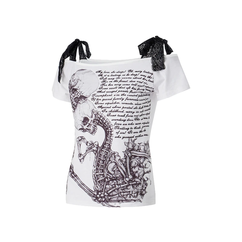 Goth Skull T Shirt 2000s Aesthetic Women Grunge Fairy Core Off Shoulder Short Sleeve Tops Graphic Tee y2k Streetwear